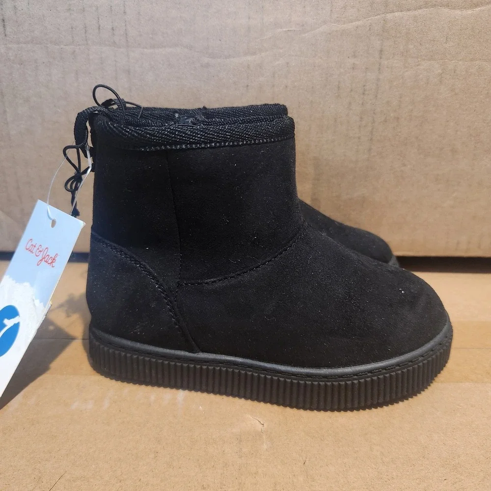 Cat & Jack Girls Black Faux Suede Ankle Boots Faux Fur Lined Size 7 NEW